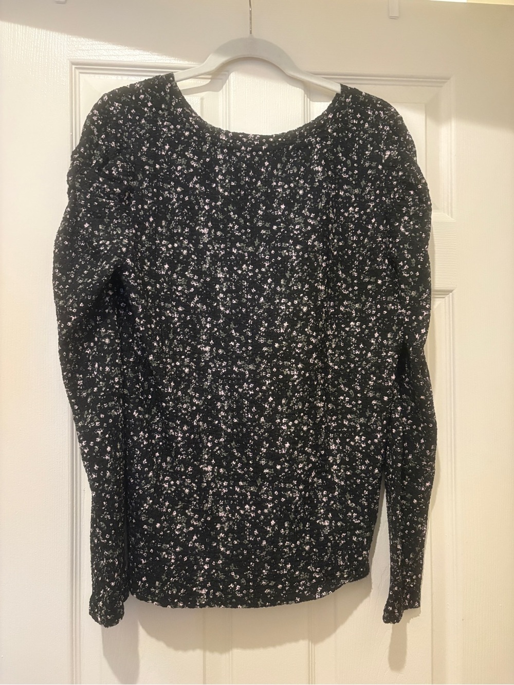 LOFT Black Floral Long Sleeve Blouse Ruched Shoulders
